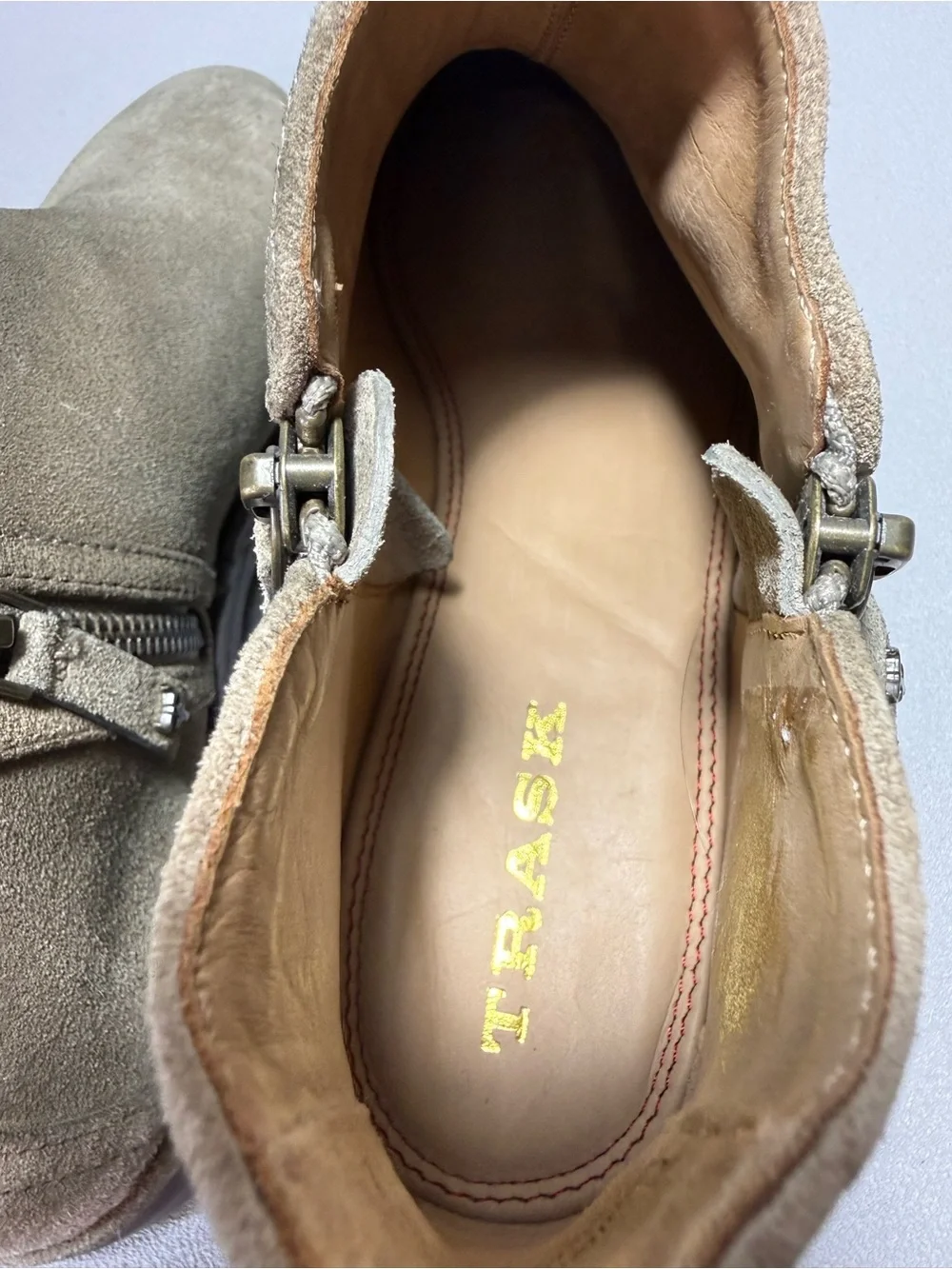 Trask Aubrey Taupe Suede Leather Side-Zip Ankle Boots